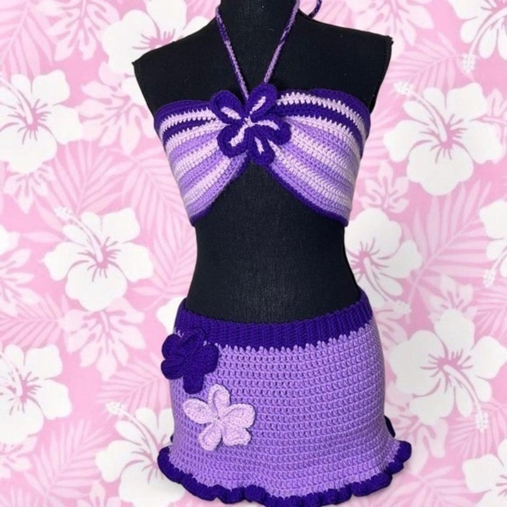 tri-shade purple crocheted tropical mini skirt and bikini top set, size small